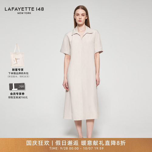 LAFAYETTE148/拉飞逸丝麻POLO领收腰舒适连衣裙日常直筒型中长裙