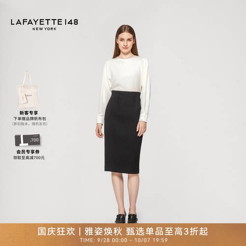 LAFAYETTE148/拉飞逸褶饰弹力真丝圆领衬衫桑蚕丝优雅款上衣长袖