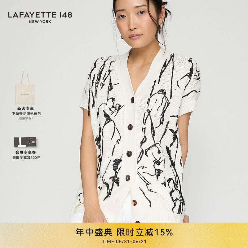 LAFAYETTE148/拉飞逸素描绣花流苏短袖针织开衫