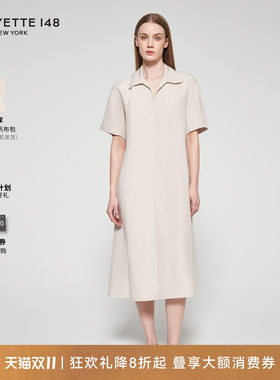 LAFAYETTE148/拉飞逸丝麻POLO领收腰舒适连衣裙日常直筒型中长裙