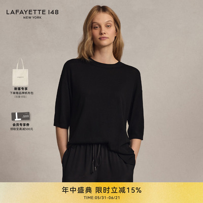 【26春夏新款】LAFAYETTE148/拉飞逸落肩圆领半袖羊毛针织上衣