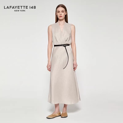 LAFAYETTE148/拉飞逸V领高腰A字裹身连衣裙