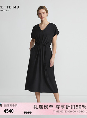 LAFAYETTE148/拉飞逸收腰V领落肩袖桑蚕丝连衣裙