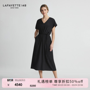 LAFAYETTE148 桑蚕丝连衣裙 拉飞逸收腰V领落肩袖