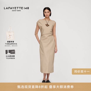 LAFAYETTE148/拉飞逸棉府绸抽带褶饰A字连衣裙收腰无袖通勤