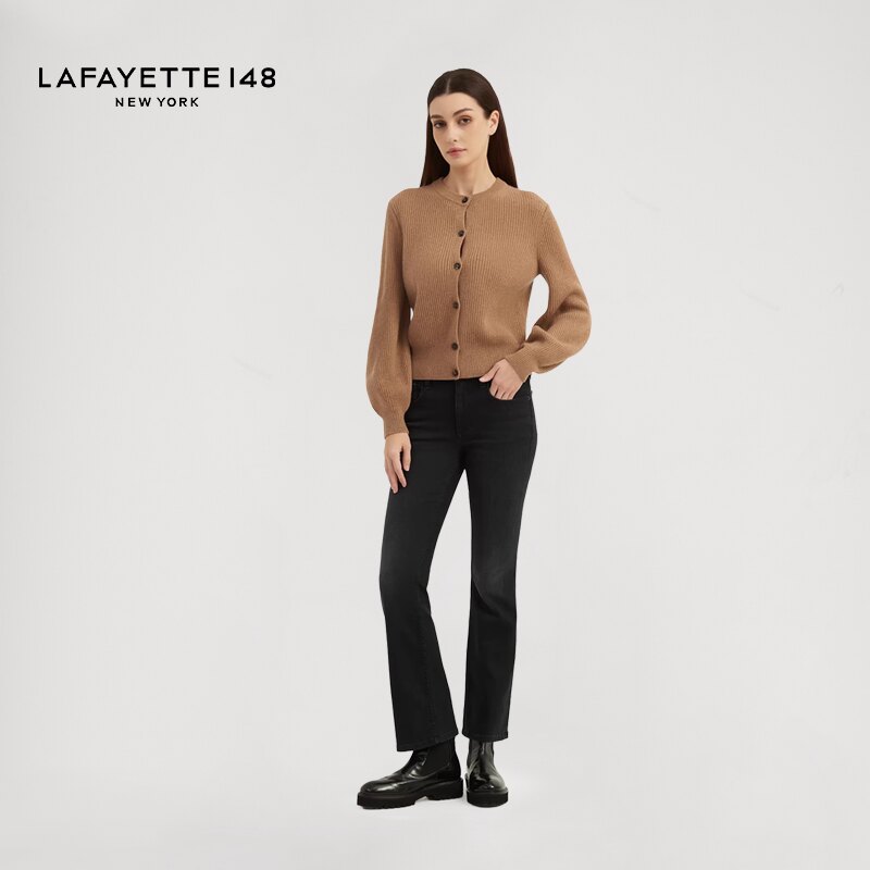 LAFAYETTE148/拉飞逸束腰短款羊绒纽扣简约圆领通勤风针织开衫
