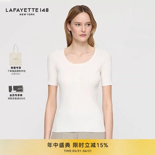 LAFAYETTE148/拉飞逸亨利领罗纹莱赛尔针织上衣修身套头休闲短袖