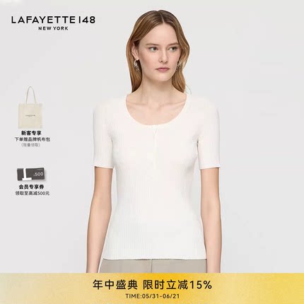 LAFAYETTE148/拉飞逸亨利领罗纹莱赛尔针织上衣修身套头休闲短袖