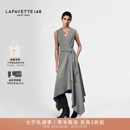 LAFAYETTE148/拉飞逸千鸟格V领裹身斜裁下摆连衣裙优雅无袖收腰裙