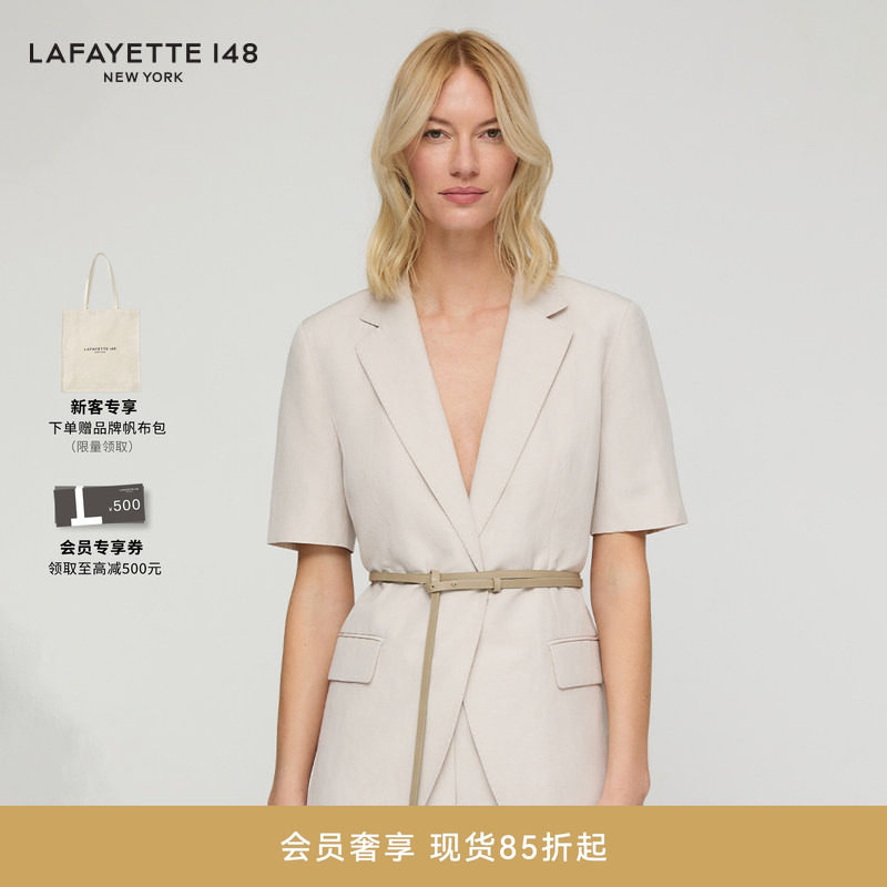 LAFAYETTE148/拉飞逸丝麻礼服呢短袖腰带夹克西装平驳领气质上衣