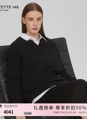 LAFAYETTE148/拉飞逸小V领宽松落肩羊绒针织上衣黑色