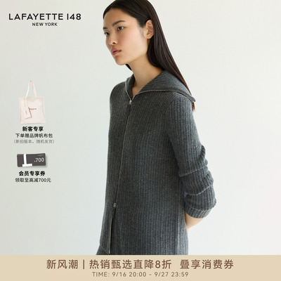 LAFAYETTE148/拉飞逸罗纹宽翻领拉链羊绒针织长袖连帽宽松开衫