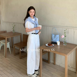 SHE U十三行韩版高腰纯色休闲裤女2025春夏配腰带气质百搭直筒裤