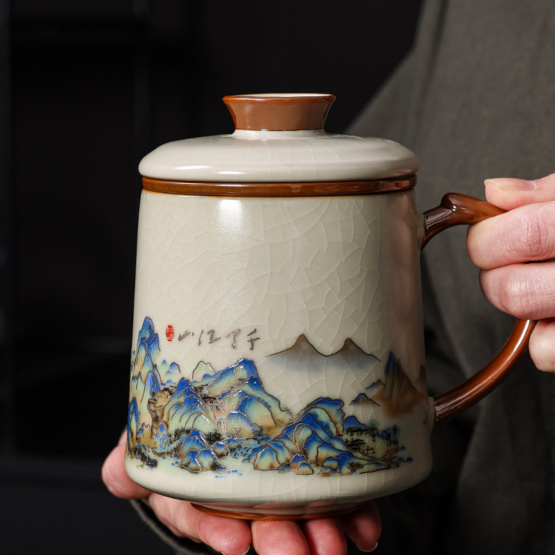 千里江山汝窑茶杯茶水分离杯陶瓷办公室泡茶杯带过滤喝茶水杯定制
