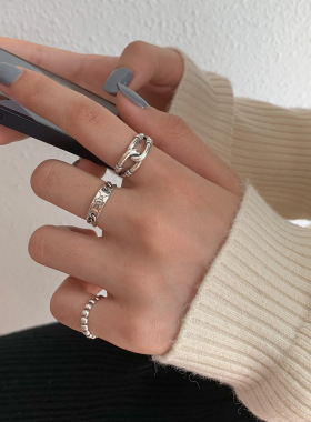 韩国ins风小众设计感指环戒指女网红简约冷淡风链条S925纯银手饰