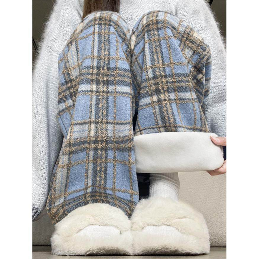 蓝色毛呢格子裤女秋冬季2025新款宽松慵懒休闲直筒显瘦加绒阔腿裤,女装/女士精品,休闲裤,淘宝优惠券,粉丝福利购,淘宝优惠卷
