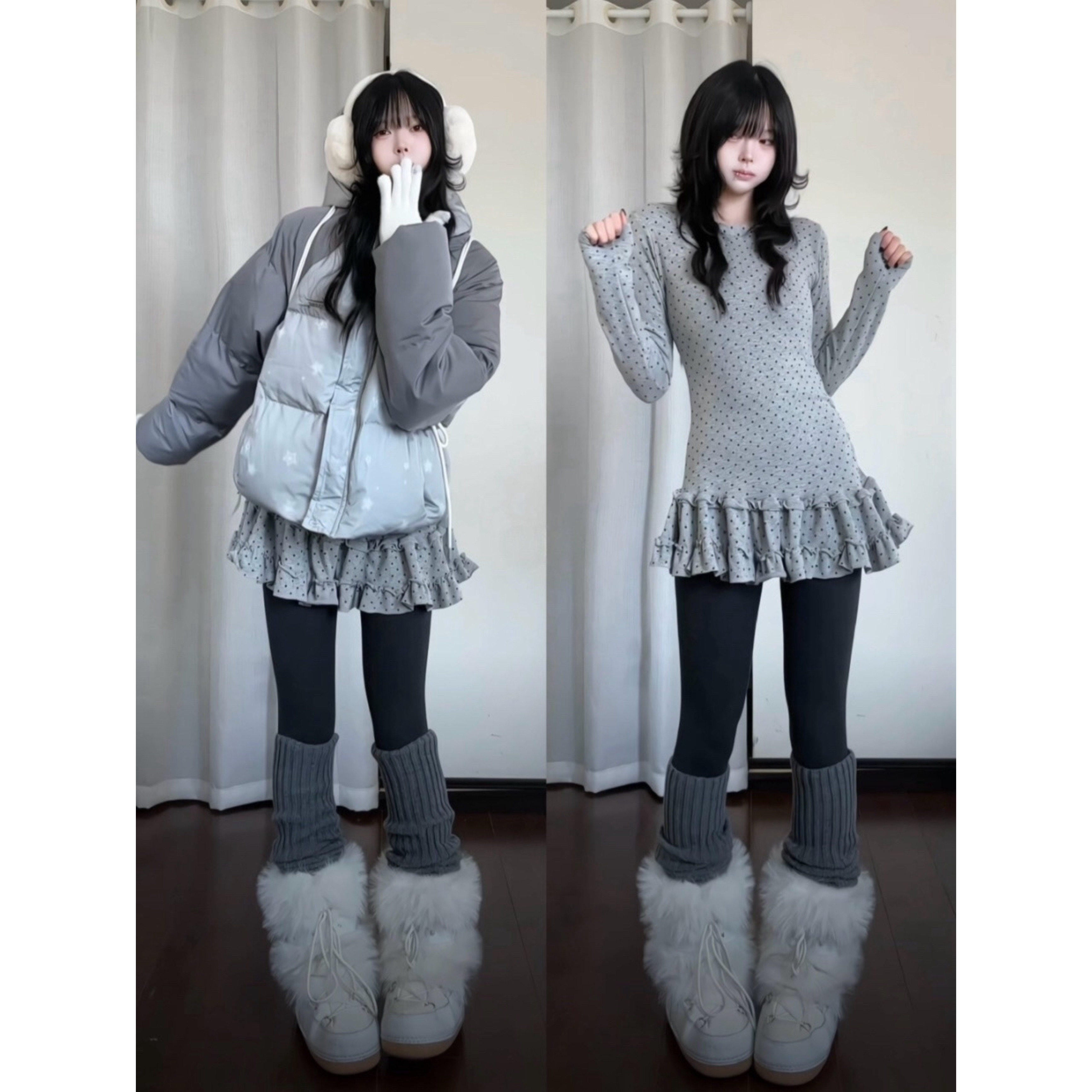 美式高街波点裙摆叠穿长袖t恤女秋冬收腰显瘦甜美打底衫内搭上衣