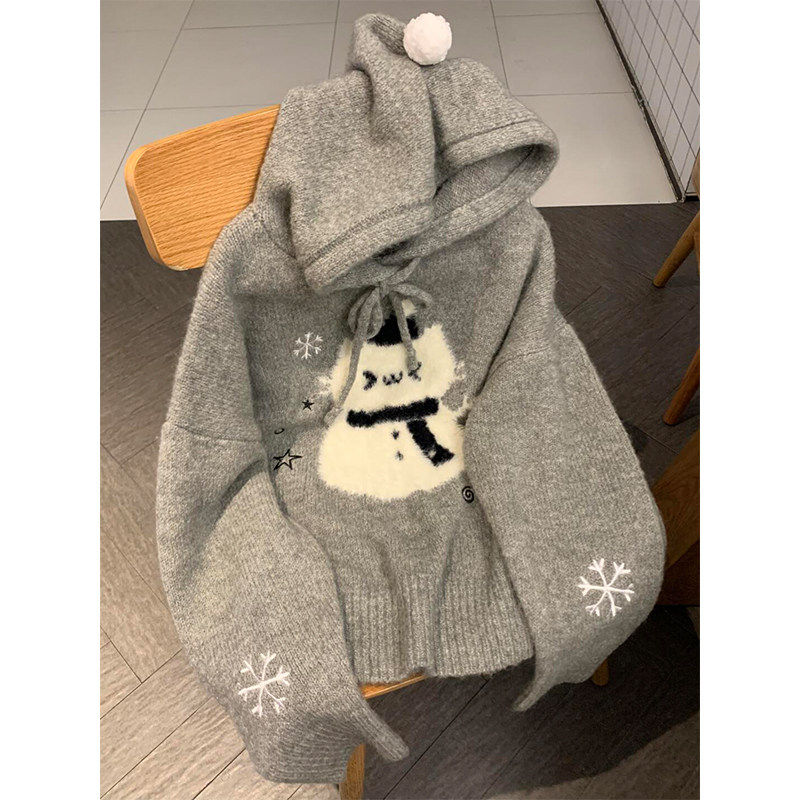 氛围感可爱宽松毛绒雪人连帽毛衣女秋冬软糯宽松慵懒风针织衫上衣