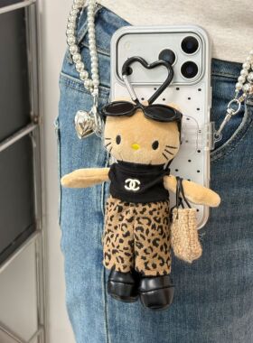 新款长腿Kitty可爱毛绒公仔手机背夹斜跨绳可背长绳kt挂件防丢绳