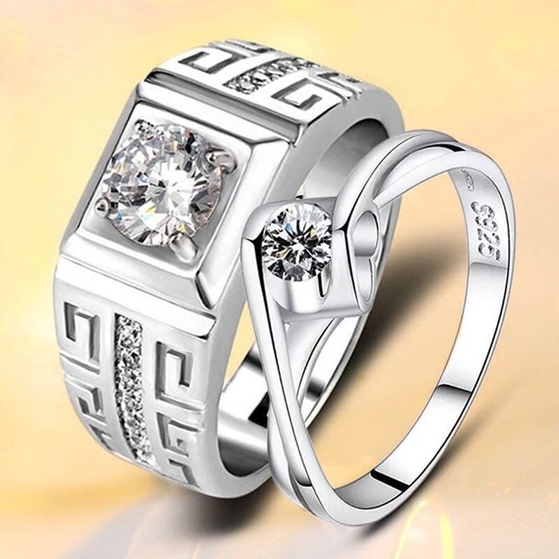 【新款】男女开口纯银情侣戒指一对莫桑石仿真钻戒求结婚定情对戒