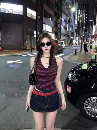 夏季美式复古条纹V领针织背心女