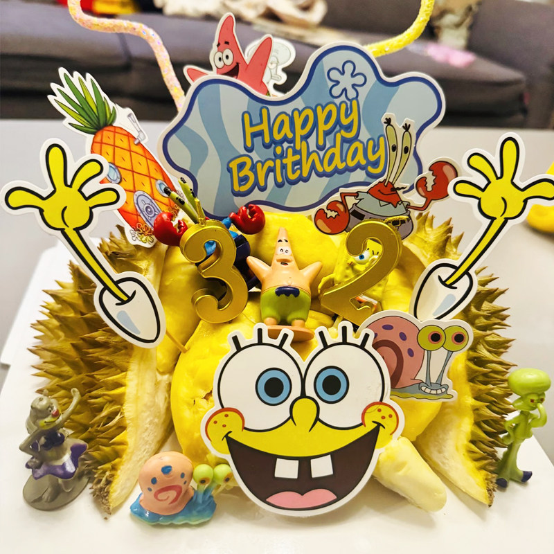 海绵宝宝榴莲蛋糕装饰派大星生日摆件卡通儿童甜品插牌装扮插件