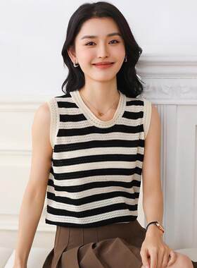 100纯棉背心女低圆领条纹