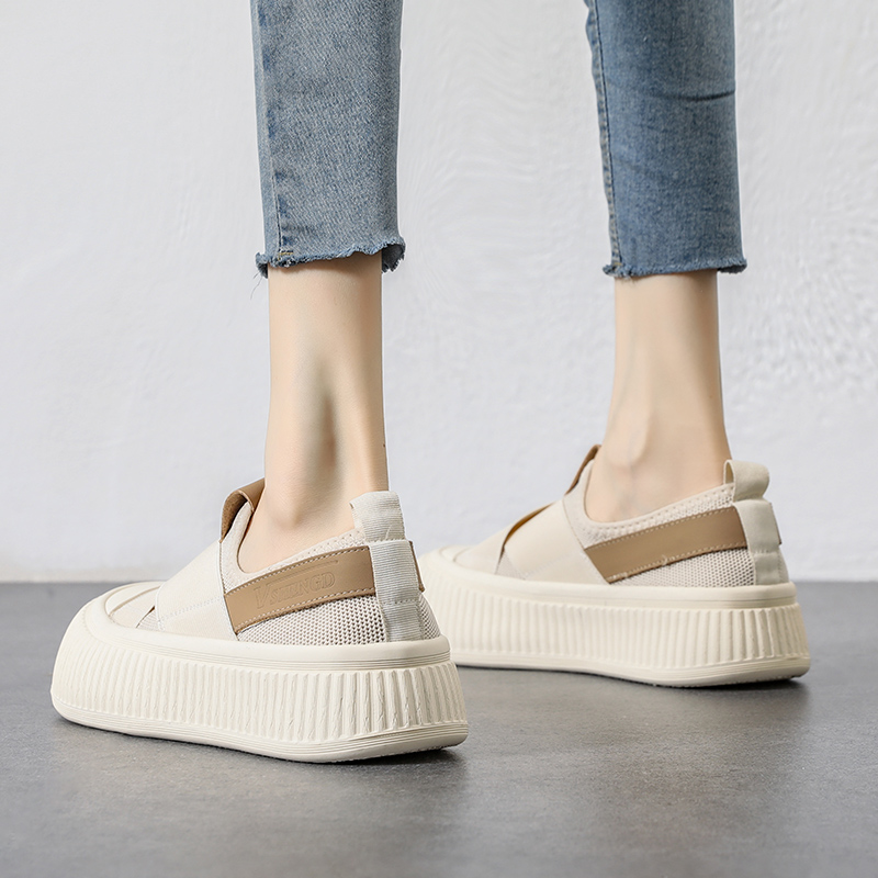 厚底一脚蹬渔夫鞋女2025新款娃娃头透气饼干鞋百搭飞织弹力休闲鞋