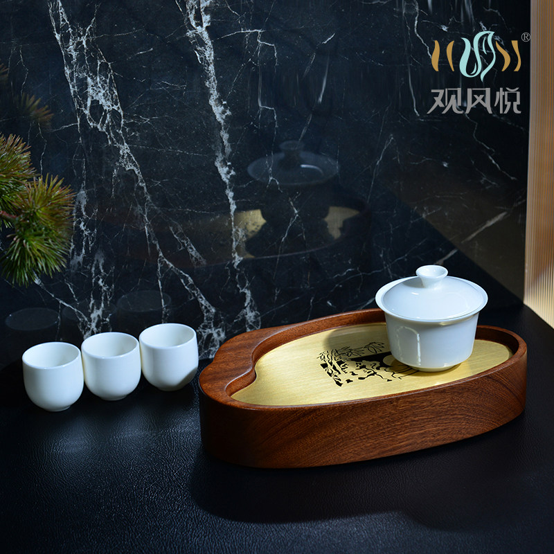 花梨木储水功夫茶干泡台羊脂玉瓷家用办公茶盘观风悦山禾送礼套装