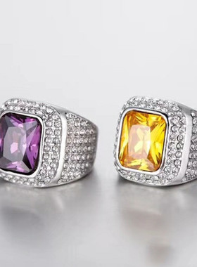 男女合金百搭黄紫色方形宝石戒指