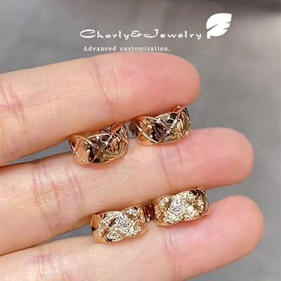 简约coco耳环菱格纹耳钉女耳拍纯银镀18K玫瑰金轻奢耳坠生高级感