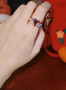 孙千同款紫眼爱心戒指原创设计复古高级感撞色宝石个性食指戒