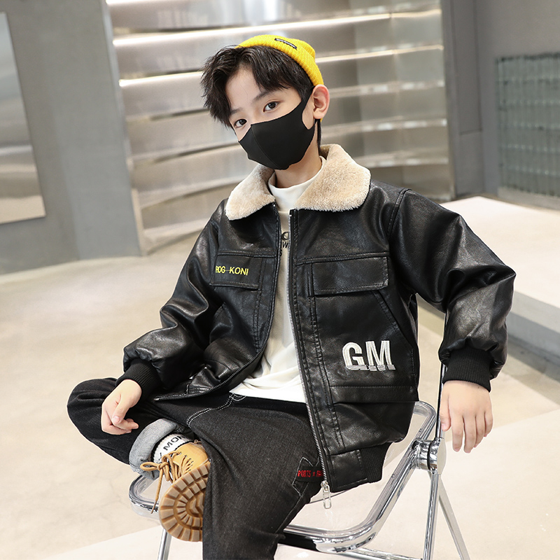 男童秋冬洋气加绒加厚皮衣