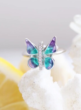 灵扬手作原创小众设计钛钢小蝴蝶指环开口戒滴胶ins风饰品