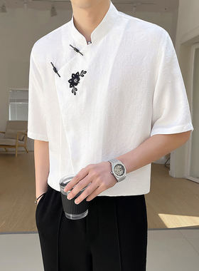 新中式美发理发店衬衫定制男女工作服diy短袖发廊发型师LOGO工装