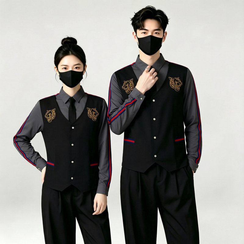 酒吧KTV服务员工作服男长袖假两件马甲西餐饮酒店前台logo定制服