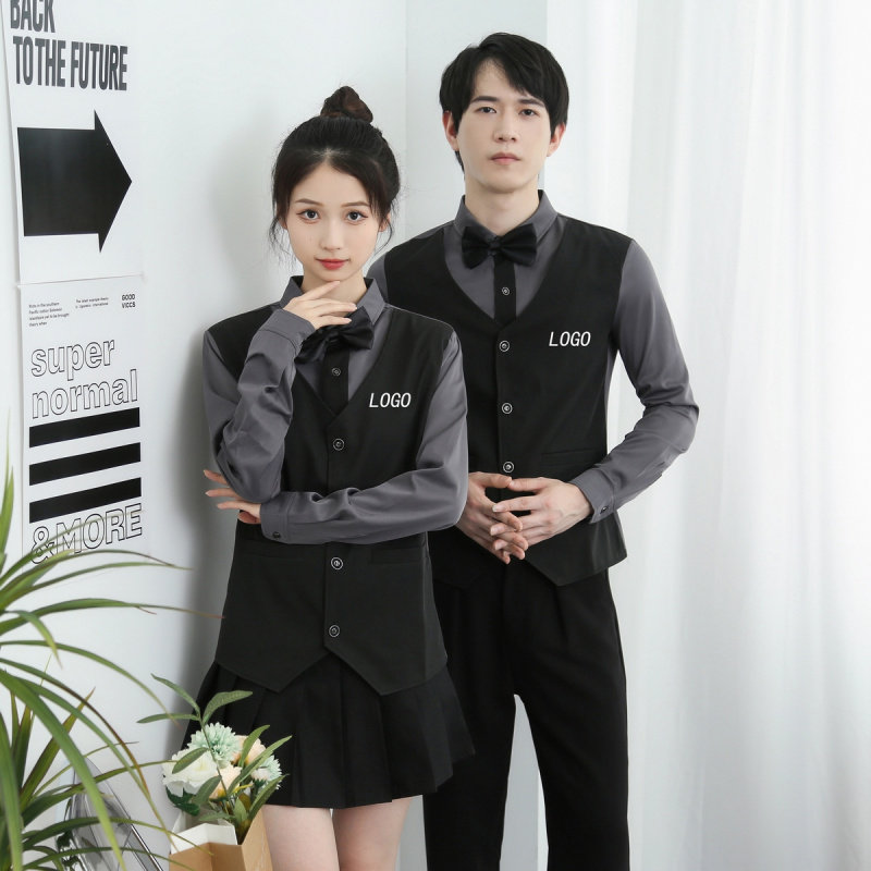 新品定制衬衫印logo图案假两件衬衣工装酒吧西餐厅咖啡馆奶茶制服