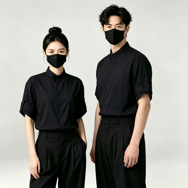 高端美式咖啡师工作服餐饮奶茶店专业服务员长短袖衬衣定制印logo图片