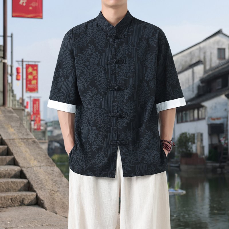 中医大师服装夏季棉麻上衣唐装衬衫中国风男装中式工作服logo定制图片