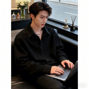 高级感痞帅美发助理技师秋季时尚黑色长袖衬衫头日系工作服定制服