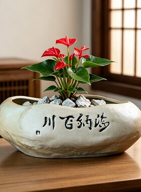 禅意仿石造型陶瓷花盆百川归海静纳沧流静山纳水中式桌面造景盆器