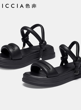 色非夏季新款厚底一字带罗马鞋小众网红爆款黑色凉鞋女B545D