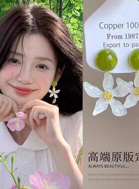 森系显白绿花耳钉百搭显脸小