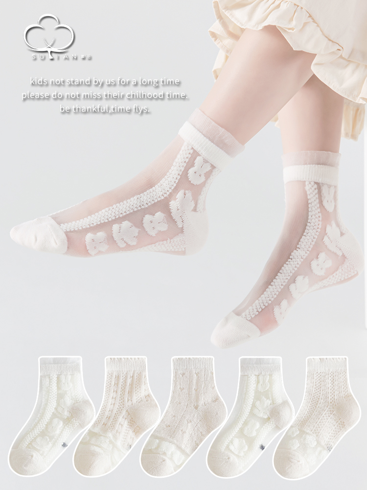 白色儿童玻璃丝袜女童夏季薄款纯棉水晶公主花边中筒宝宝短袜夏天