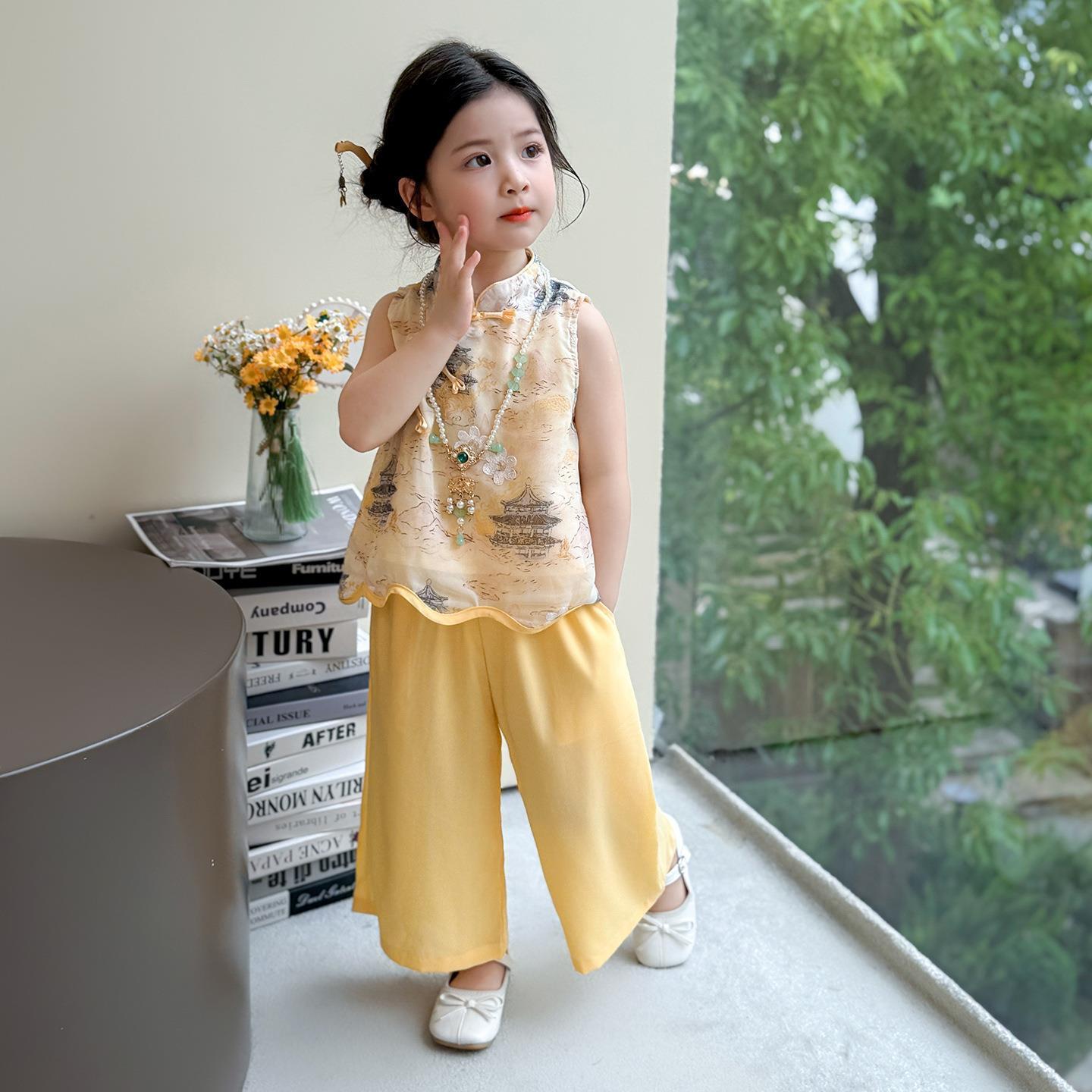 折扣专区清仓撤柜女童夏季新中式盘扣两件套2025新款儿童阔腿亲子