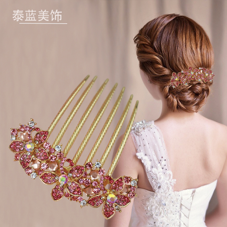 韓國發(fā)夾水晶水鉆女七齒梳頭飾發(fā)梳插梳后腦勺花朵盤發(fā)飾發(fā)簪飾品