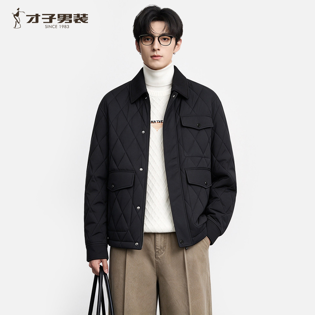 才子男装翻领黑色菱格棉服外套