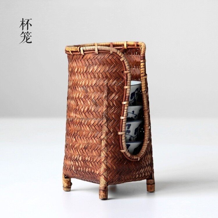 仿古杯笼杯篓竹编藤茶道配件竹杯套杯架手工茶杯收纳茶室桌面摆件