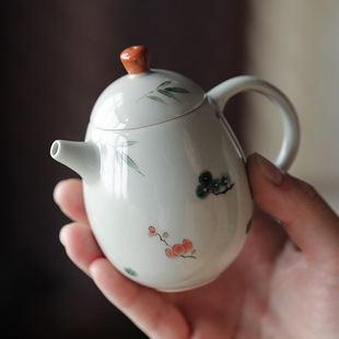 岁寒三友茶壶手绘梅竹小号梨型壶影青茶具泡茶壶中式球形过滤单壶
