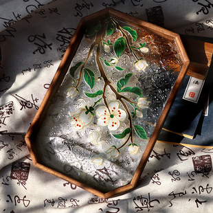 掐丝珐琅梨花材料包茶空间茶盘装饰玻璃珐琅画复古摆件非遗传承画